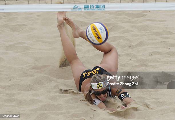 Stefanie Schwaiger of Austria in action with Barbara Hansel of Austria during the match against Laboureur/Sude of Germany during the FIVB Beach...