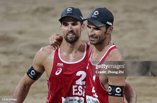 Gavira Collado Adrian of Spain and Herrera Allepuz Pablo of Spain react after winning the match against Aleksandrs Samoilovs of Latvia and Janis...