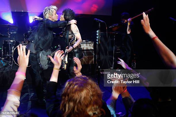Billie Joe Armstrong and Joan Jett perform at the premiere of "Geezer" at Spring Studios during the 2016 Tribeca Film Festival on April 23, 2016 in...