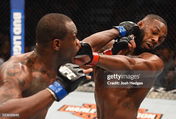 Ovince Saint Preux punches Jon Jones in their interim UFC light heavyweight championship bout during the UFC 197 event inside MGM Grand Garden Arena...