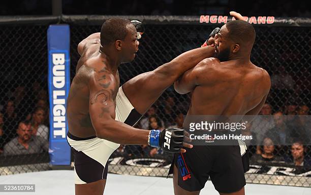 Ovince Saint Preux kicks Jon Jones in their interim UFC light heavyweight championship bout during the UFC 197 event inside MGM Grand Garden Arena on...
