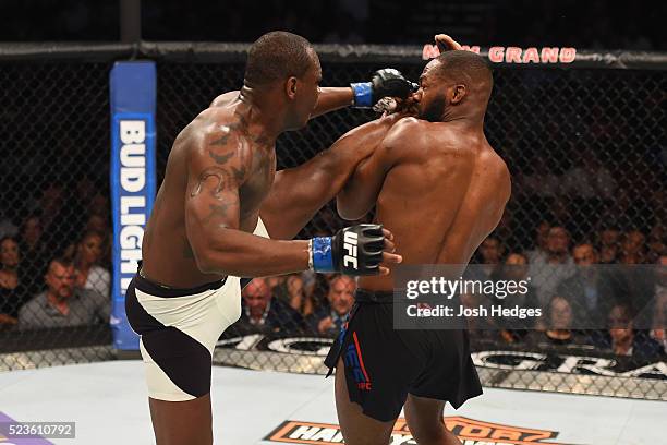 Ovince Saint Preux kicks Jon Jones in their interim UFC light heavyweight championship bout during the UFC 197 event inside MGM Grand Garden Arena on...