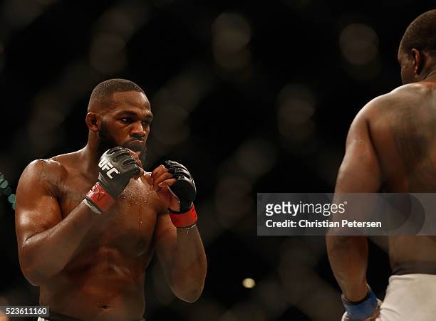 Jon Jones and Ovince Saint Preux face off in their interim UFC light heavyweight championship bout during the UFC 197 event inside MGM Grand Garden...