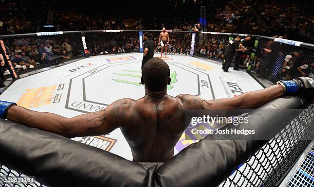 Ovince Saint Preux rests between rounds in their interim UFC light heavyweight championship bout during the UFC 197 event inside MGM Grand Garden...