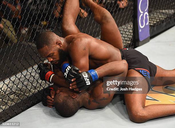 Jon Jones elbows Ovince Saint Preux in their interim UFC light heavyweight championship bout during the UFC 197 event inside MGM Grand Garden Arena...