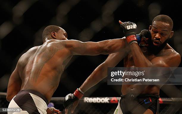 Ovince Saint Preux punches Jon Jones in their interim UFC light heavyweight championship bout during the UFC 197 event inside MGM Grand Garden Arena...