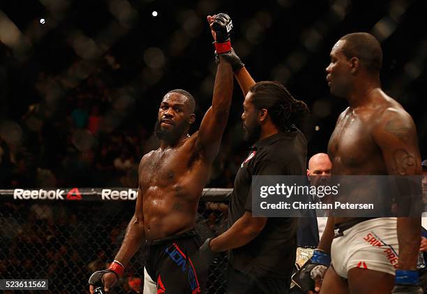 Jon Jones celebrates his victory over Ovince Saint Preux after their interim UFC light heavyweight championship bout during the UFC 197 event inside...