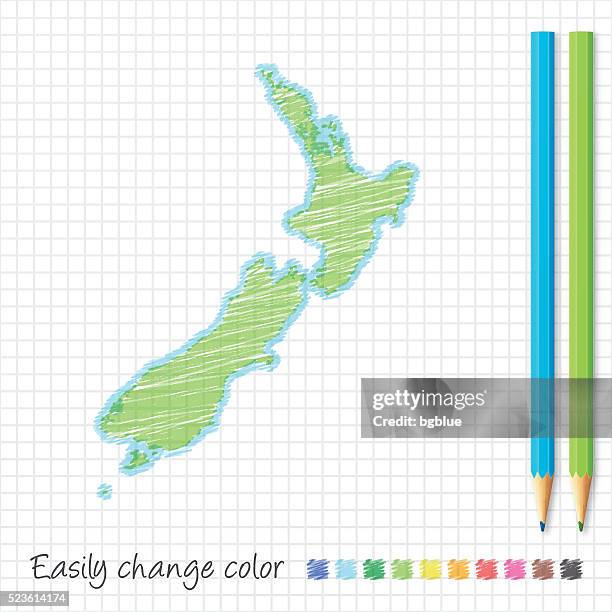 new zealand map sketch with color pencils, on grid paper - nord 幅插畫檔、美工圖案、卡通及圖標