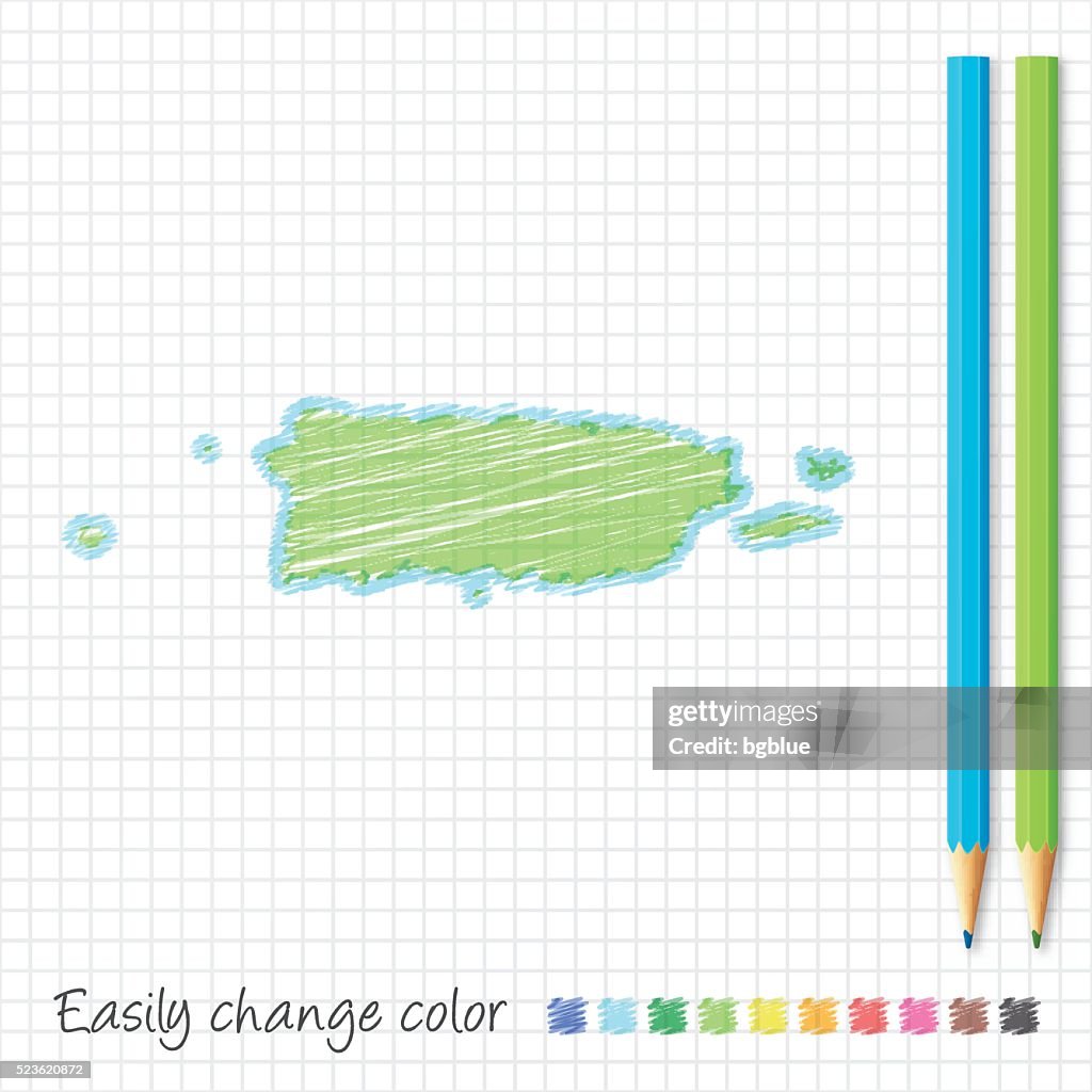 Puerto Rico map sketch with color pencils, on grid paper