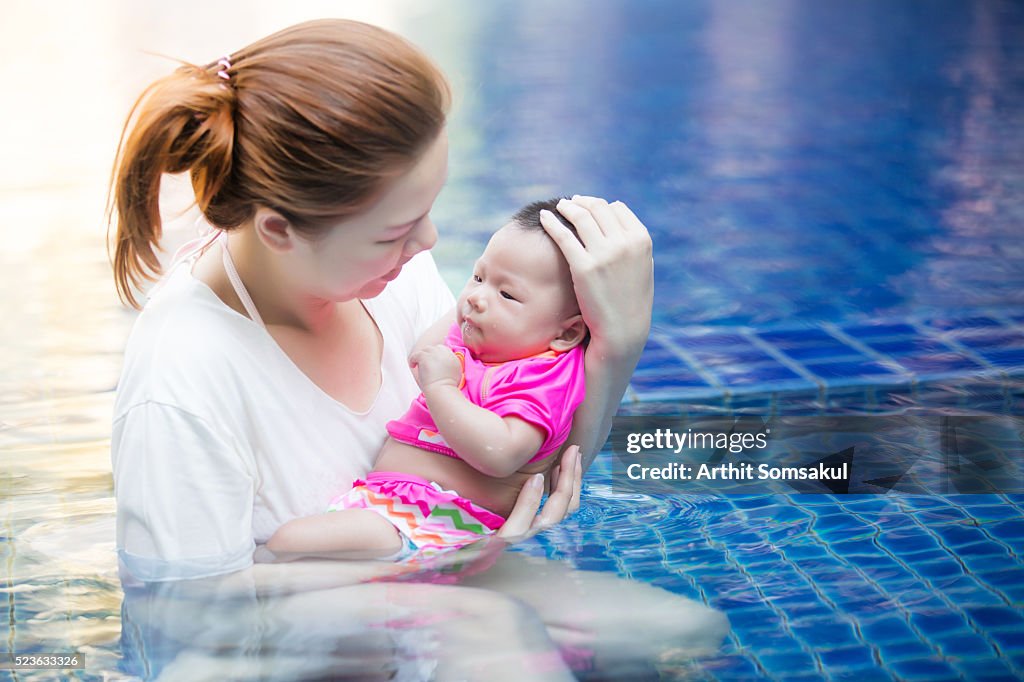 Mother holding baby boy (0-6 months) in pool