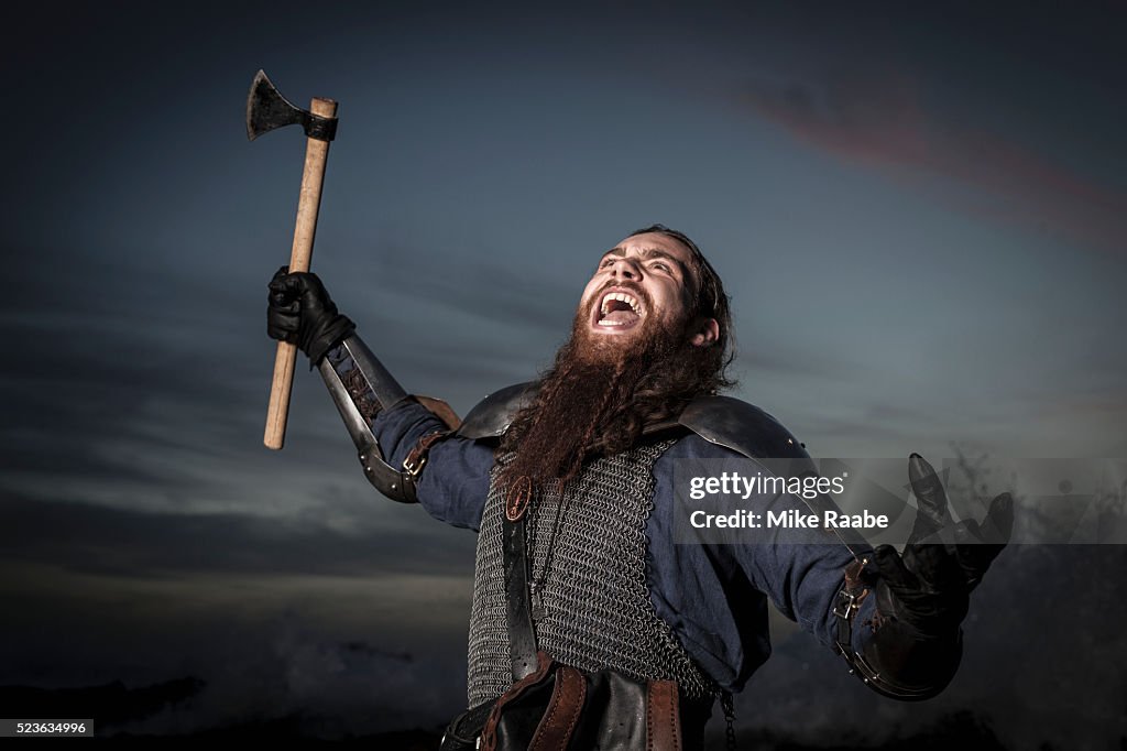 Viking fighting on cliffs of Palos Verdes, California, USA