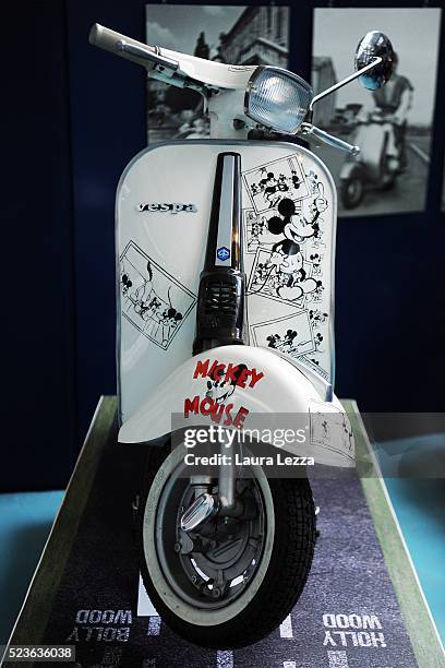 Special Vespa scooter is displayed during the exhibition for the celebration of 70 years of the scooter Vespa in the Piaggio museum on April 23, 2016...