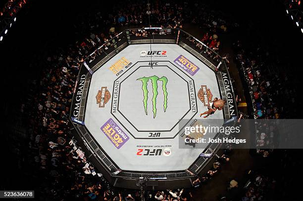 An overhead view of Jon Jones taking down Ovince Saint Preux in their interim UFC light heavyweight championship bout during the UFC 197 event inside...