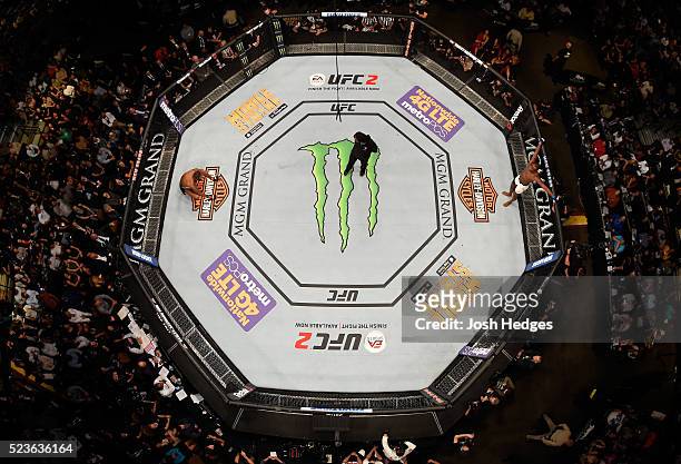 An overhead view of Jon Jones and Ovince Saint Preux preparing for the first round to begin in their interim UFC light heavyweight championship bout...
