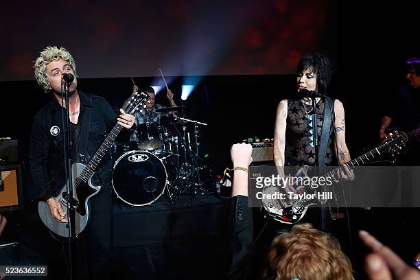 Billie Joe Armstrong and Joan Jett perform at the premiere of "Geezer" at Spring Studios during the 2016 Tribeca Film Festival on April 23, 2016 in...