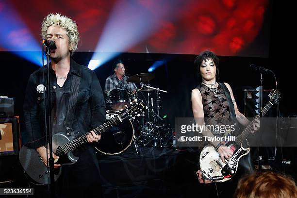 Billie Joe Armstrong, Tre Cool, and Joan Jett perform at the premiere of "Geezer" at Spring Studios during the 2016 Tribeca Film Festival on April...