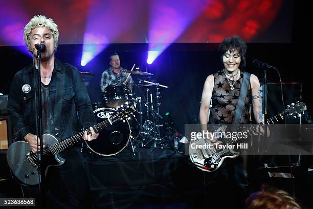 Billie Joe Armstrong, Tre Cool, and Joan Jett perform at the premiere of "Geezer" at Spring Studios during the 2016 Tribeca Film Festival on April...