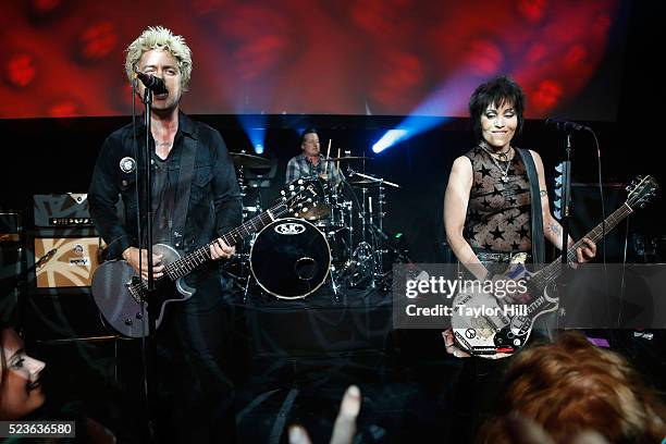 Billie Joe Armstrong, Tre Cool, and Joan Jett perform at the premiere of "Geezer" at Spring Studios during the 2016 Tribeca Film Festival on April...