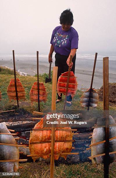 quinault woman tending salmon grilling - indian food bildbanksfoton och bilder