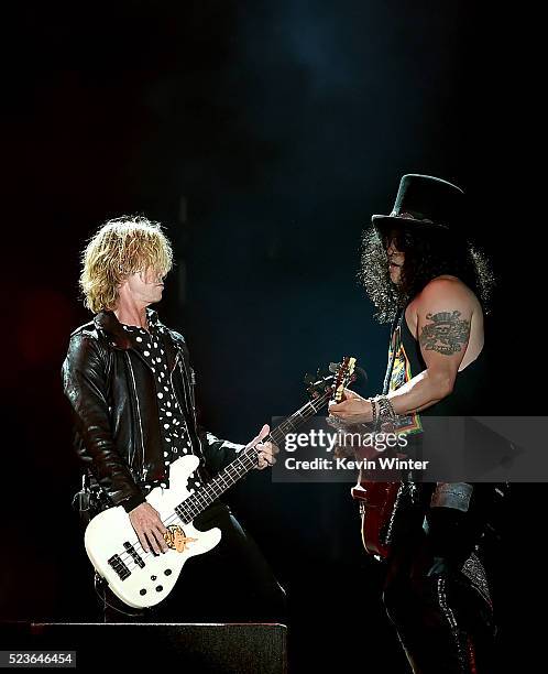 Musicians Duff McKagan and Slash of Guns N' Roses perform onstage during day 2 of the 2016 Coachella Valley Music & Arts Festival Weekend 2 at the...