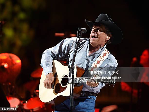 Recording artist George Strait performs during the second night of his "Strait to Vegas" shows at T-Mobile Arena on April 23, 2016 in Las Vegas,...