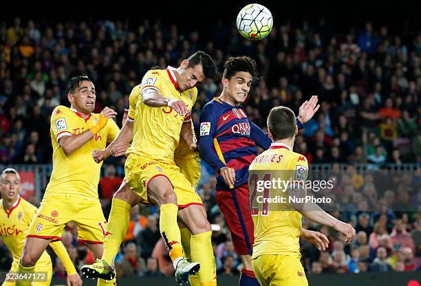 Marc Bartra and Gerard Pique during the match between FC Barcelona and Sporting de Gijon, corresponding to the week 35 of the spanish league, plaed...