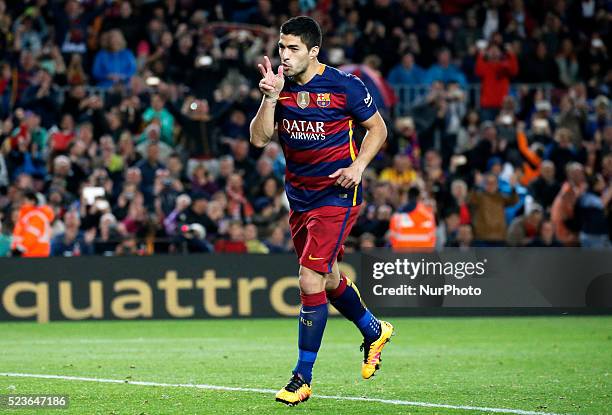 Luis Suarez celebration during the match between FC Barcelona and Sporting de Gijon, corresponding to the week 35 of the spanish league, plaed at the...