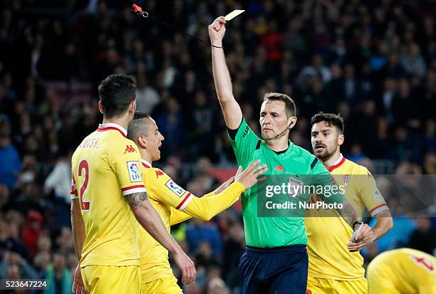 The referee Carlos Clos Gomez during the match between FC Barcelona and Sporting de Gijon, corresponding to the week 35 of the spanish league, plaed...