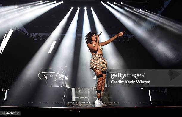 Recording artist Aluna Francis of AlunaGeorge performs onstage with Guy Lawrence and Howard Lawrence of Disclosure during day 2 of the 2016 Coachella...