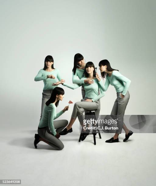 four additional versions of woman's self work on doing medical examination on herself - multiple exposure stock pictures, royalty-free photos & images