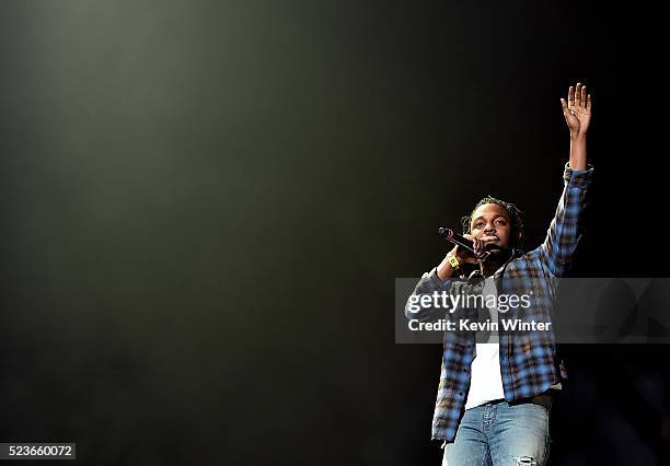 Rapper Kendrick Lamar performs onstage during day 2 of the 2016 Coachella Valley Music & Arts Festival Weekend 2 at the Empire Polo Club on April 23,...