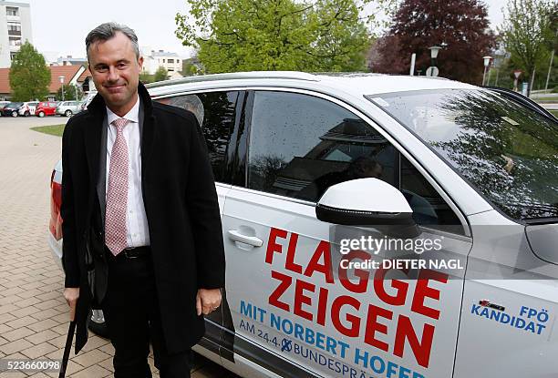 The candidat of the far-right Freedom Party Norbert Hofer arrives at the polling station at the first round of Austrian President elections on April...