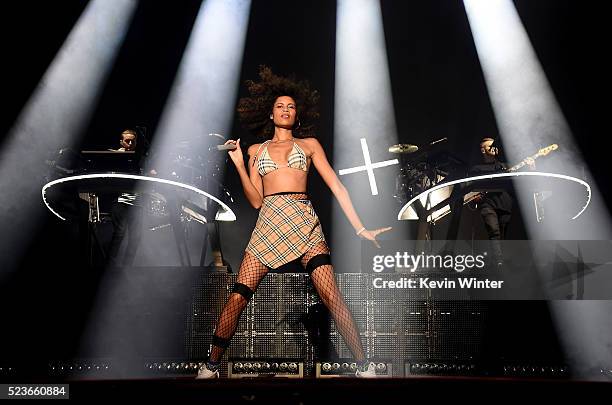 Recording artist Aluna Francis of AlunaGeorge performs onstage with Guy Lawrence and Howard Lawrence of Disclosure during day 2 of the 2016 Coachella...