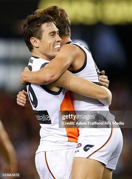 Lachie Whitfield of the Giants celebrates a goal with Jeremy Cameron of the Giants during the 2016 AFL Round 05 match between the St Kilda Saints and...