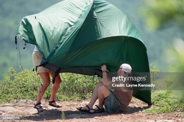 campers assembling tent - archival camping stock pictures, royalty-free photos & images