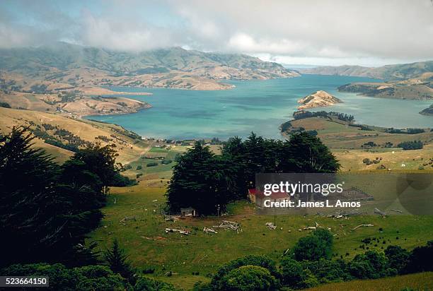 aerial of farm and akaroa harbor - akaroa stock-fotos und bilder