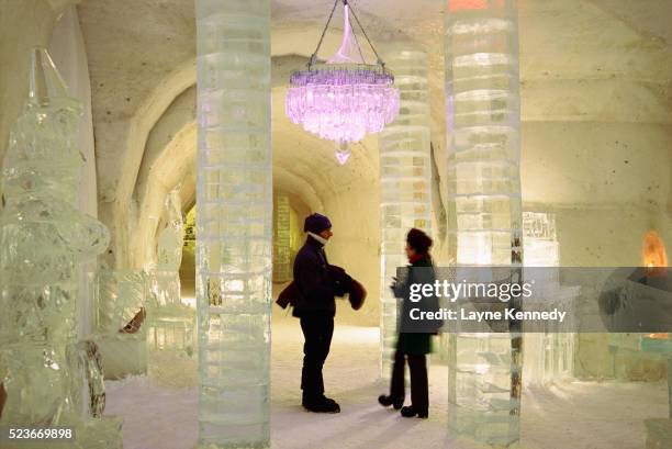 lobby of ice hotel glace - ice sculpture stock-fotos und bilder