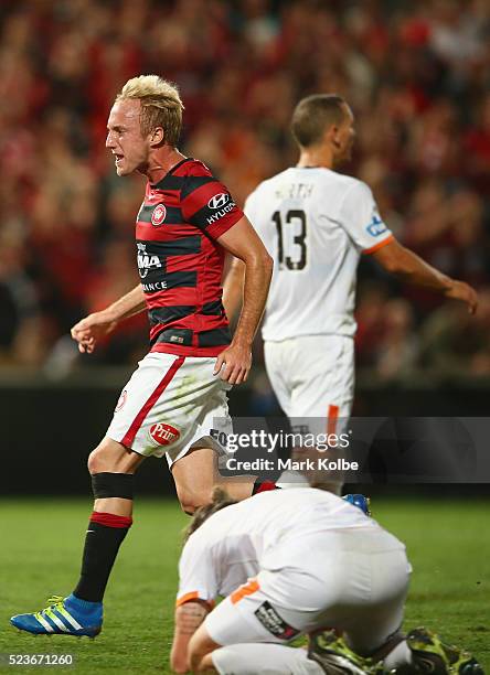 Mitch Nichols of the Wanderers celebrate Brendon Santalab scoring a goal during the A-League Semi Final match between the Western Sydney Wanderers...