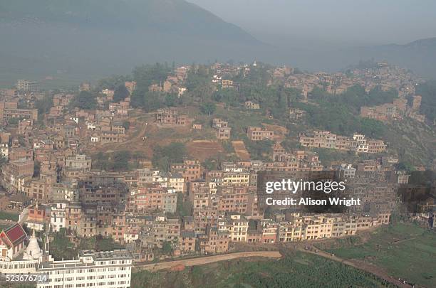 aerial view of katmandu valley - katmandu stockfoto's en -beelden