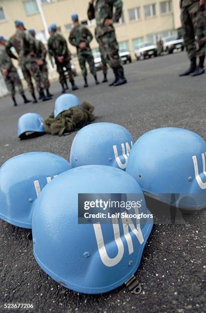 Blue and white United Nations helmets are standard issue for each soldier who serves in the UN's peacekeeping forces.