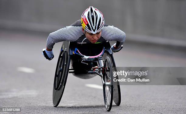 Wakako Tsuchida of Japan competes in the Women's Wheelchair Race during the Virgin Money London Marathon on April 24, 2016 in London, England.
