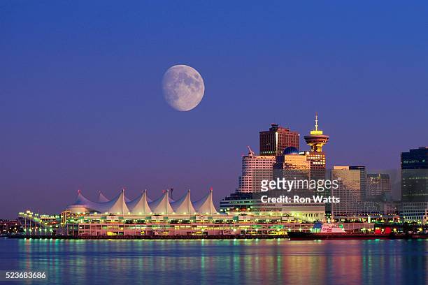 moon over vancouver and coal harbor - vancouver stock pictures, royalty-free photos & images