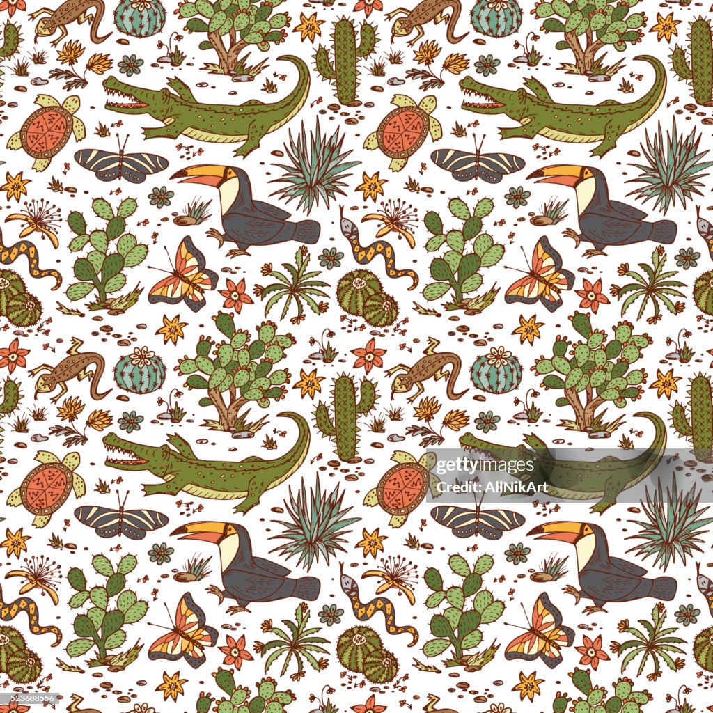 Fauna Vector Pattern Nature Of Mexico Mexican Flora And Fauna Vector Seamless Pattern High ...