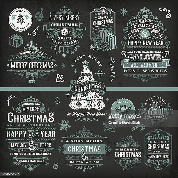 hand drawn blackboard christmas labels & badges - blue chalkboard stock illustrations