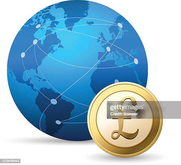 globe and pound coin on white background - wire transfer vector stock illustrations