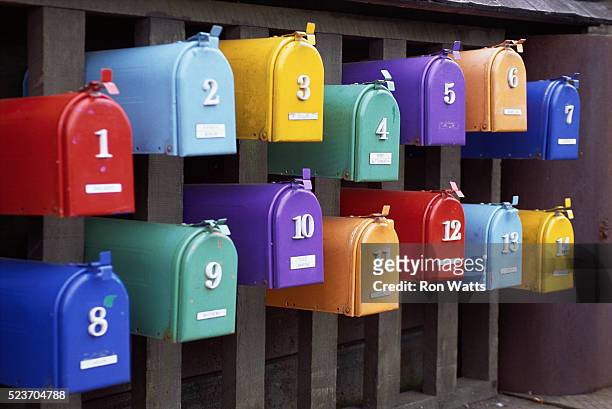 multicolored mailboxes - mailbox fotografías e imágenes de stock