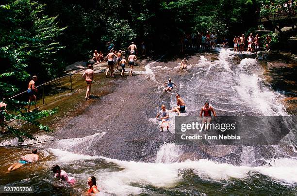 people sliding down natural water slide - pisgah national forest stock pictures, royalty-free photos & images