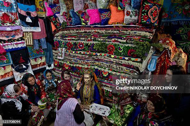 This picture taken on April 22 shows a Bulgarian Pomak bride Emilia Pechinkova, 24-years-old, as she goes through the "gelina" or face painting in...