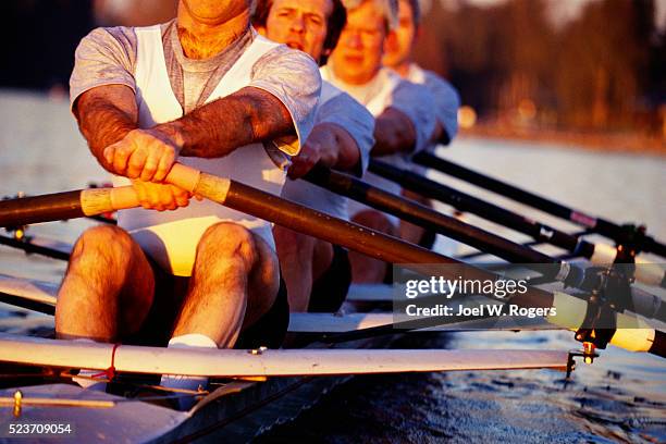 scullers rowing four man racing shell - rowing fotografías e imágenes de stock