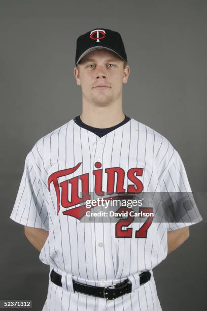 Justin Morneau of the Minnesota Twins poses for a portrait during photo day at Hammond Stadium on February 28, 2005 in Ft. Myers, Florida.